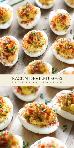 deviled eggs with bacon and mayonnaise sprinkled on them are ready to be eaten