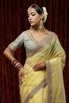 Shop for Shikhar Sharma Yellow Silk Organza Saree With Embroidered Blouse for Women Online at Aza Fashions Designer Saree With Cutdana For Reception, Designer Cutdana Saree For Reception, Designer Saree With Pallu For Reception, Designer Saree With Dupatta For Reception, Gold Designer Saree In Traditional Drape, Designer Gold Saree With Zari Work, Elegant Yellow Blouse Piece With Dori Work, Elegant Yellow Blouse With Resham Embroidery, Elegant Yellow Saree For Transitional Season