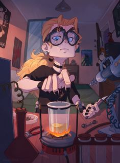 a woman in glasses is pouring something into a blender