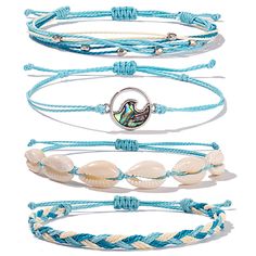 PRICES MAY VARY. Bracelets Pack: This four-piece pack features a cowrie shell charm bracelet, a mother of pearl wave charm bracelet, a simple friendship bracelet and a bead multi strand bracelet. Trendy Bracelets: Set on a simple string band, each bracelet includes a cutout wave charm. It nails that effortless surf style you’ll want to wear all summer. Wax Coated Strings: Wax-coated ropes will not fade or disintegrate when they come into contact with water. Boho Jewelry: Those braid bracelets pe Casual Shell Friendship Bracelets As Gift, Shiny Bracelets, Friendship Bracelets Easy, Surf Jewelry, Handmade Friendship Bracelets, String Bracelets, Boho Wrap Bracelet, Bracelet Pack, Wave Bracelet