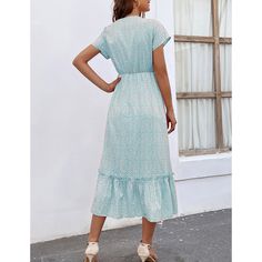 Blue Green Button V Neck High Waist Swing Long Dress Blue V-neck Maxi Dress With Buttons, Blue V-neck Maxi Dress With Button Closure, Light Blue Buttoned Dress For Vacation, Spring Blue Maxi Dress With Buttons, Women Dresses Casual, Green Button, Women Dresses, Dresses Casual, Long Dress