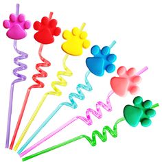 six mickey mouse straw toppers in different colors and sizes with hearts, paws, and tails