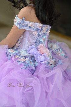 Lavender Ball Gown, Girls Ball Gown Dresses, Sewn Flowers, Pageant Photography, Gown Details, Lavender Gown, Dream Gown, Flowers And Pearls, Flowers Lavender