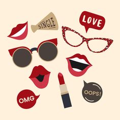 various types of women's accessories including sunglasses, lipstick, and love stickers