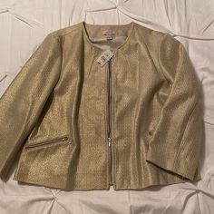 Nwt Cropped Jacket With Gold Accents. Gold Long Sleeve Outerwear For Spring, Gold Outerwear For Work In Spring, Gold Fitted Casual Outerwear, Casual Fitted Gold Outerwear, Luxury Beige Single-breasted Cropped Jacket, Mandarin Collar Jacket, Fitted Blazer Jacket, Herringbone Blazer, Tan Blazer