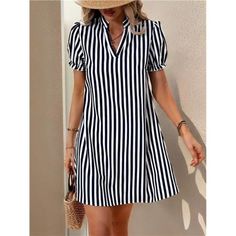 -Item Id 38020378 -Details: Zipper -Neckline: Notched -Sleeve Type: Puff Sleeve -Style: Casual -Type: A Line -Waist Line: Natural -Hem Shaped: Straight -Color: Black -Pattern Type: Colorblock, Striped -Sleeve Length: Short Sleeve -Length: Knee Length -Fit Type: Loose -Fabric: Non-Stretch -Material: Woven Fabric -Composition: 100% Polyester -Care Instructions: Machine Wash Or Professional Dry Clean -Pockets: No -Sheer: No **Open To Offers!!!** **Bundle To Save More** **30% Off Bundles Of 2 Or Mor Short Sleeve Summer Dresses, Casual Short Sleeve Dress, Traje Casual, Summer Stripes, Dress Shirt Sleeves, Women Midi, Vestido Casual, Versatile Dresses, Striped Blouse