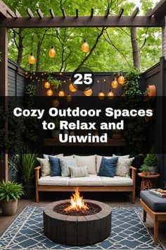 an outdoor space with couches and fire pit