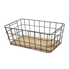 a black wire basket with wooden cutting board in the bottom and side panels on each side