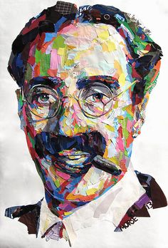 a painting of a man with glasses and a mustache is shown in multicolored paper