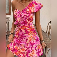 Women's Pink Tropical One Shoulder Dress New In Boutique Cuban Dress Havana Nights, Flirty One Shoulder Mini Dress With Floral Print, Flirty One-shoulder Mini Dress With Floral Print, Flirty Pink One-shoulder Dress, Feminine Pink One-shoulder Mini Dress, Pink One Shoulder Ruffled Mini Dress, Sleeveless Pink Mini Dress For Brunch, Pink Floral Print Knee-length Mini Dress, Pink Floral Print Mini Dress, Knee-length