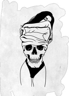 a black and white drawing of a skull with a bandana on it's head