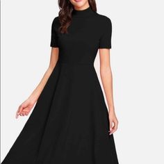 Size Large (Fits A Size Medium ) Black Plain Midi Length Dress, Chic Black Plain Dress, Chic Plain Black Dress, Black Knee-length Plain Dress, Black Plain Knee-length Dress, Black Fit And Flare Midi Dress With Short Sleeves, Black Stretch A-line Midi Dress, Casual Black Midi Dress With Flattering Silhouette, Shein Black Dress