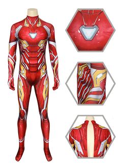 an iron man suit is shown in three different angles, including the chest and arm