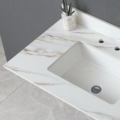 a white sink sitting under a bathroom mirror next to a counter with a cactus in it