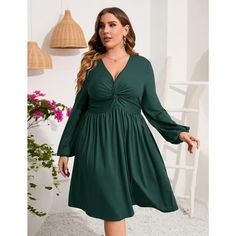 Elevate your wardrobe with the WhizMax Women's Plus Size Dress, a perfect blend of elegance and comfort. This dark green midi dress is designed to flatter with its V-neckline, long lantern sleeves, and a chic front knot that accentuates the high waist. The A-line silhouette gracefully skims the knee, making it a versatile choice for various occasions.

- Size: XL
- Color: Dark Green
- Material: Breathable fabric
- Gender: Female
- Age Group: Adult
- Features: V-neck, long lantern sleeves, front Dark Green Midi Dress, Female Features, Maxi Bodycon Dress, Elegant Midi Dresses, Dress Knee Length, Midi Slip Dress, V Neck Midi Dress, Green Midi Dress, Green Material