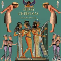 an egyptian christmas card with three women dressed in costumes and holding harps, standing next to each other