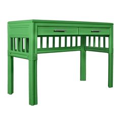 a green desk with two drawers on each side and an open drawer at the top