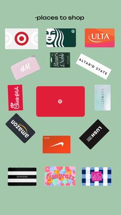 several different types of business cards on a green background with the words places to shop