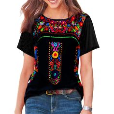 PRICES MAY VARY. Made from premium fabric, this short sleeve embroidered mexican tops for women is very soft and breathable, the lining is so friendly to your skin, super cozy to touch and extremely comfortable to wear for whole day. Featuring short sleeve, v neck and crewneck style to choose, floral embroidered, casual loose fit silhouette, this short sleeve floral mexican tshirts for women is so fashionable, the embroidered flower on the top is so exquisite and very eye-catching. This casual s Bohemian Print, Hipster Fashion, Boho Print, Floral Print Shorts, Loose Tops, Women's Summer Fashion, Amelie, Ethnic Fashion, Floral Shirt