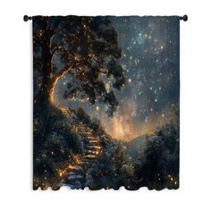 a night scene with stairs leading up to a tree and stars in the sky above