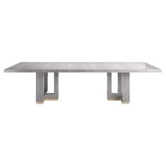 a rectangular table with two metal legs and a white marble top, against a white background