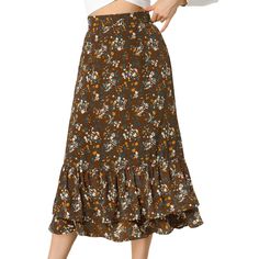 Featuring pretty ditsy floral prints, this midi skirt is a summer option that can be worn with just about anything. Channel elegant style in this midi skirt which is beautifully printed with a blossom pattern for a versatile look. It is made of lightweight fabric, adding definition to the free-flowing design. Falling to a waterfall midi hem, it sits high on the waist with a discreet side zip fastening. Summer days call for effortlessly feminine styles like skirts. Brunch Picnic, Maxi Skirt Fall, Cottagecore Outfit, Skirt Chiffon, Floral Print Skirt, Midi Skirts, Flowy Skirt, Brown Floral, Chic Woman