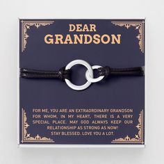 Express your love and support to your grandson with this unique bracelet. Comes in a beautiful gift box with a meaningful card ready to give.  INTERLOCKING CIRCLE BRACELET P R O D U C T ∙ D E T A I L S * Material: Handcrafted from High Quality 925 Sterling Silver & PU Leather Cords. * Finishing: Available in Silver, 18K Gold and Rose Gold- Plated version. * Size: This bracelet is fully adjustable by sliding the knots on both sides, as needed to fit most wrist sizes. * Dimensions: Small ring meas Silver Jewelry With Message Card For Birthday, Adjustable Bracelets For Father's Day Gift, Adjustable Bracelets As Father's Day Gift, Personalized Bracelets For Birthday Gift On Father's Day, Elegant Father's Day Gift Bracelets, Silver Bracelets For Father's Day Gift, Classic Father's Day Jewelry With Gift Box, Classic Jewelry With Gift Box For Father's Day, Classic Jewelry For Father's Day With Gift Box