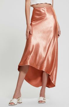 Softly textured bias-cut satin gives beautiful drape to this midi skirt that gets a breezy vibe from the high-low hem. 37 1/2" length Hidden side-zip closure Unlined 58% polyester, 42% recycled polyester Machine wash, line dry Imported Beautiful Drapes, High Low Hem, Side Zip, High & Low, High Low, Midi Skirt, Nordstrom, Satin, Size Small