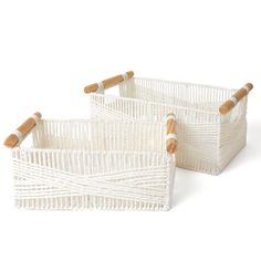 PRICES MAY VARY. 100% RECYCLABLE MATERIAL - Made from recycled paper ropes， wood handles, and built-in iron frames, these storage baskets are designed with a sustainable purpose and are also sturdy to use. MINIMALIST STYLE - Each basket is in a succinct finish of intersecting lines for a touch of whimsy. Meanwhile, the built-in wire construction ensures the stability of the set. The neutral color makes these baskets for organizing matches with any interior style. HANDWOVEN BASKET - Handmade by s Basket Organizers, Books Shelves, White Storage Baskets, Wicker Storage Baskets, Intersecting Lines, Baskets For Shelves, Makeup Books, Wicker Storage, Rope Weave