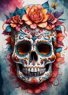 a painting of a skull with flowers on its head