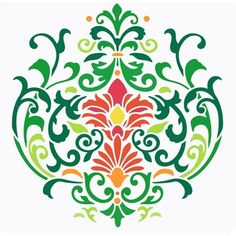 an ornate design in green, orange and red