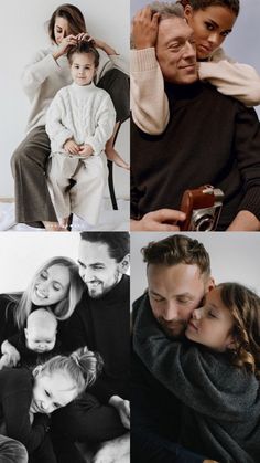 four different pictures of people and their children, one is holding a camera the other has a baby