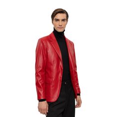 Men's Red Slim-Fit Leather Blazer Vegan Leather Luxury Red Blazer With Lapel Collar, Tailored Leather Jacket For Business With Long Sleeves, Tailored Long Sleeve Leather Jacket For Business, Fall Season Slim Fit Semi-formal Blazer, Fitted Single Breasted Leather Jacket For Business, Sleek Single-breasted Leather Jacket For Semi-formal Occasions, Tailored Leather Jacket For Winter, Fitted Single Breasted Leather Jacket For Party, Tailored Leather Jacket With Lapel Collar For Formal Events