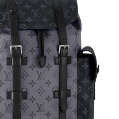 LOUIS VUITTON® - Christopher Mm - Monogram Eclipse Reverse Masculine Monogram, Reverse Canvas, Mm Monogram, Hiking Pack, Silver Highlights, Louis Vuitton Official, Press Studs, Men's Collection, Leather Trim