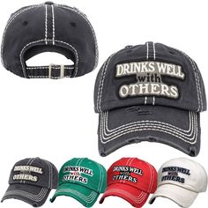 Drinks Well With Others Hat | Distressed Baseball Cap Or Ponytail Hat | Funny Hats | Drinking Hat | Bachelorette Party | Day Drinking #Blackfriday #Christmasgift #Uniquegift 2 For $25 - Pick Any 2! Available In Green, Red And Black Please Leave A Note Specifying Desired Colors When Ordering The Inner Circumference Of This Hat Measures Approximately 22 Inches, But It Can Adjust To Measure Anywhere Between 20.5 And 23.5 Inches, Fitting Several Various Head Sizes. Brim Length Is Approximately 2.75 Vintage Black Distressed Baseball Cap, Trendy Distressed Cotton Baseball Cap, Distressed Black Cotton Hat, Black Distressed Cotton Hat, Black Washed Cotton Baseball Cap, Vintage Black Distressed Hat, Vintage Distressed Black Hat, Black Distressed Cotton Trucker Hat, Casual Distressed Baseball Cap For Streetwear