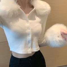 Trendy Fashion Women Faux Fur Collar Cardigan Crop Sweater Coat Long Sleeve Jacket Slim Fit, Fashion Women's Sweaters White Crop Sweater, Fur Collar Cardigan, Fur Decoration, Faux Fur Shrug, Faux Fur Top, Fur Decor, Fur Top, Fur Cardigan, Dot Print Dress