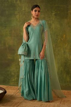 Aquamarine kurta with sequins and mirror hand embroidery. Comes with gharara, a dupatta and a potli. - Aza Fashions Kurta Sharara Set, Sharara Gharara, Kurta Sharara, Sharara Set, Embroidery Suits, Designs For Dresses, Punjabi Suits, Set For Women, Aza Fashion