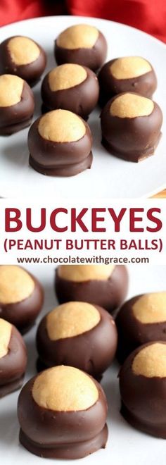 chocolate covered peanut butter balls on a white plate with the words buckeyes above them