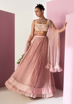 Ridhi Mehra | Naahiyah Dusky Pink Lehenga Set | INDIASPOPUP.COM Ridhi Mehra, Organza Lehenga, Organza Skirt, Embroidered Crop Tops, Net Lehenga, Lehenga Skirt, Pink Lehenga, Draped Blouse, Embroidered Border