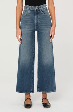 Made from low-stretch denim with vintage-inspired character, these medium-wash jeans are fitted through the waist and wide through the ankle-length legs. 27" inseam; 21 1/2" leg opening; 11 1/2" front rise Zip fly with button closure Five-pocket style 99% cotton, 1% Lycra® spandex Machine wash, dry flat Imported High-rise Cropped Jeans With Five Pockets In Medium Wash, Mid-rise Medium Wash Jeans With Five Pockets, Mid-rise Cropped Jeans With Five Pockets, Mid-rise Washed Blue Cropped Jeans For Fall, Mid-rise Cropped Jeans In Washed Blue For Fall, Mid-rise Washed Blue Cropped Jeans, Dark Wash Cropped Leg Jeans, Faded Mid-rise Cropped Jeans With Five Pockets, Faded Mid-rise Cropped Jeans