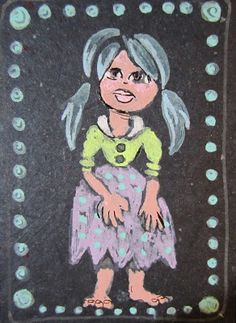 a chalk drawing of a girl with blue hair and polka dots on her dress, standing in front of a black background