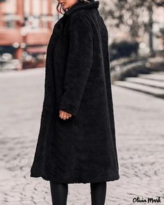 Olivia Mark - Plush Long Sleeve Notched Collar Overcoat Plain Long Winter Coat, Plain Long Coat For Winter, Long Plain Winter Outerwear, Plain Long Winter Outerwear, Coat Collar, Faux Shearling Coat, Sherpa Coat, Cozy Coats, Stylish Coat