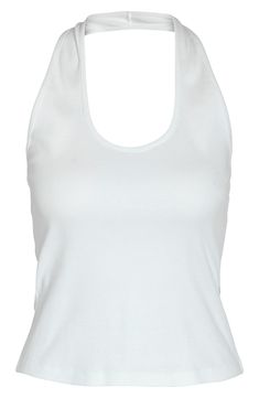 Make everyday easy in this softly ribbed top designed in a sleek halter silhouette. 11" center front length (size Medium) Halter neck 95% cotton, 5% elastane Machine wash, line dry Made in Turkey White Halter Neck Top, Fitted T-back Tops For Spring, Ribbed Tank Top For Everyday Wear, Basic Stretch Ribbed Camisole, Cotton Ribbed Racerback Crop Top, Ribbed Cotton Racerback Crop Top, Fitted Ribbed Camisole For Loungewear, Stretch Cotton Cami Halter Top, Stretch Cotton Halter Cami Top