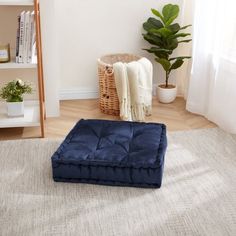 a blue square dog bed on the floor in front of a bookshelf and potted plant