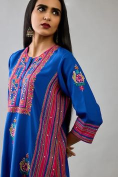 Blue silk straight kurta with muti-colored floral, thread and sequins embroidery. Comes with fuchsia straight pant and a light silk dupatta. - Aza Fashions Traditional Mirror Work Kurta For Spring, Blue Cotton Traditional Wear With Mirror Work, Traditional Dupatta With Mirror Work For Spring, Blue Cotton Kurta With Mirror Work, Blue Bohemian Traditional Wear With Resham Embroidery, Designer Blue Kurta With Mirror Work, Bohemian Blue Chanderi Kurta, Traditional Blue Kurta With Mirror Work, Blue Kurta With Traditional Drape For Spring