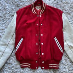 Amazing Jacket, Has Worn True Vintage Look And Feel. Let Me Know If You Have Any Questions! Fits Medium Size For Men, Large For Woman Classic Red Varsity Jacket For Streetwear, Classic Red Outerwear For College, Vintage Red Varsity Jacket With Long Sleeves, American Retro Long Sleeve Outerwear For Fall, Classic Red Varsity Jacket With Long Sleeves, Red Varsity Jacket With Pockets For Fall, Classic Red Varsity Jacket For Winter, Retro Winter Varsity Jacket, Fitted Vintage Red Outerwear