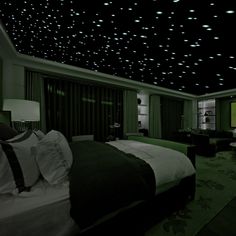 a bedroom with stars on the ceiling and green carpeted flooring, along with a large bed