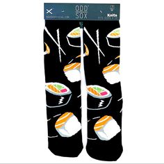 Odd Sox Sushi Crew Socks Brand New With Tags Unisex Mens/Womens Shoe Sizes 6-13 Crew Height Black Socks Images All Over Of Sushi And Chopsticks 87% Cotton, 10% Nylon, 3% Spandex Sushi Chopsticks, Pet Monsters, Womens Shoe, Mens Crew Socks, Crazy Socks, Black Socks, Novelty Socks, No Show Socks, Casual Socks