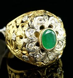 Emerald Diamond 14K Gold Repousse by ElegantFineJewelry on Etsy Estate Rings, Dome Ring, Emerald Diamond, Gold Accents, Turquoise Ring, Statement Rings, Emerald, Gemstone Rings, Turquoise