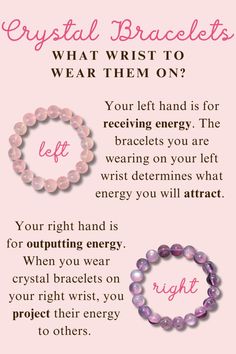 Not only do crystal bracelets make a fashion statement, but they also allow you to experience the crystal’s healing energy wherever you are. It’s easy to quickly put your crystal bracelets on whatever wrist you choose; however, your wrist choice matters more than you think. Bracelet Placement, Crystal Bracelet Ideas, Crystal Bracelets Healing, Energy Stones Crystal Healing, Crystals For Wealth, Crystal Healing Chart, Spiritual Bracelets, Healing Gemstone Bracelets, Healing Gemstones